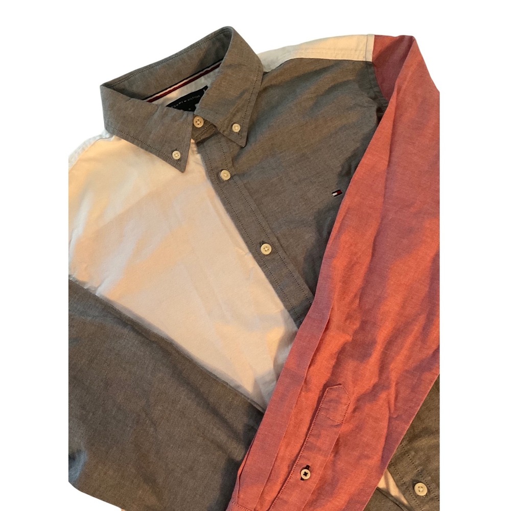 Tommy Hilfiger Mens Colorblock Oxford Shirt Regular Fit Stretch Blue Red Medium